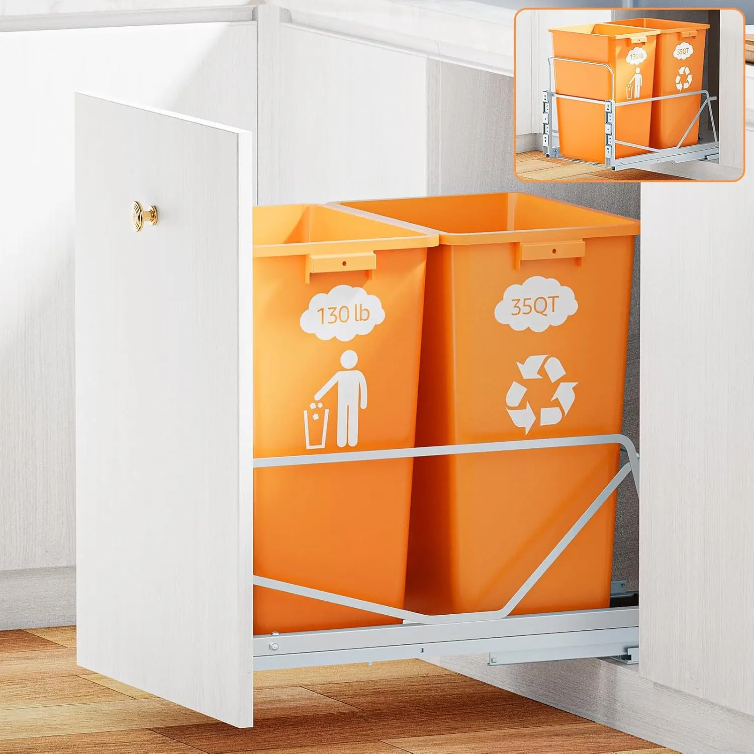 

35 Qt Double Pullout Trash Can with Soft-Close Slides, Twin Mode Under Sink Garbage Bin Kit, Fits 16"W x 23"D Cabinets