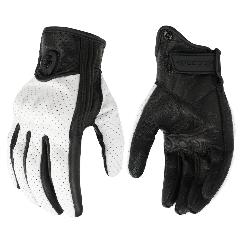 White Leather Motorcycle Gloves Men Women Breathable Perforated Motorbike Racing Gloves Touchscreen Anti-slip Retro Motobiker
