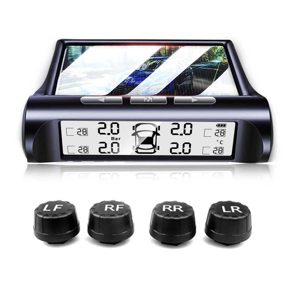 Intelligent TPMS Car Tire Pressure Monitor System with 4 Sensors Display Solar Tyre Pressure Temperature Warning Security Alarm