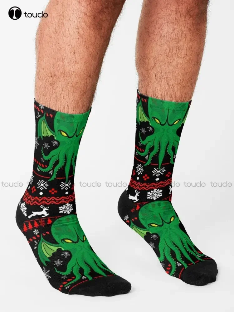 Cthulhu Ugly Xmas Gift Socks Womens Black Fun Socks Personalized Custom Unisex Adult Teen Youth Socks 360° Digital Print Cartoon