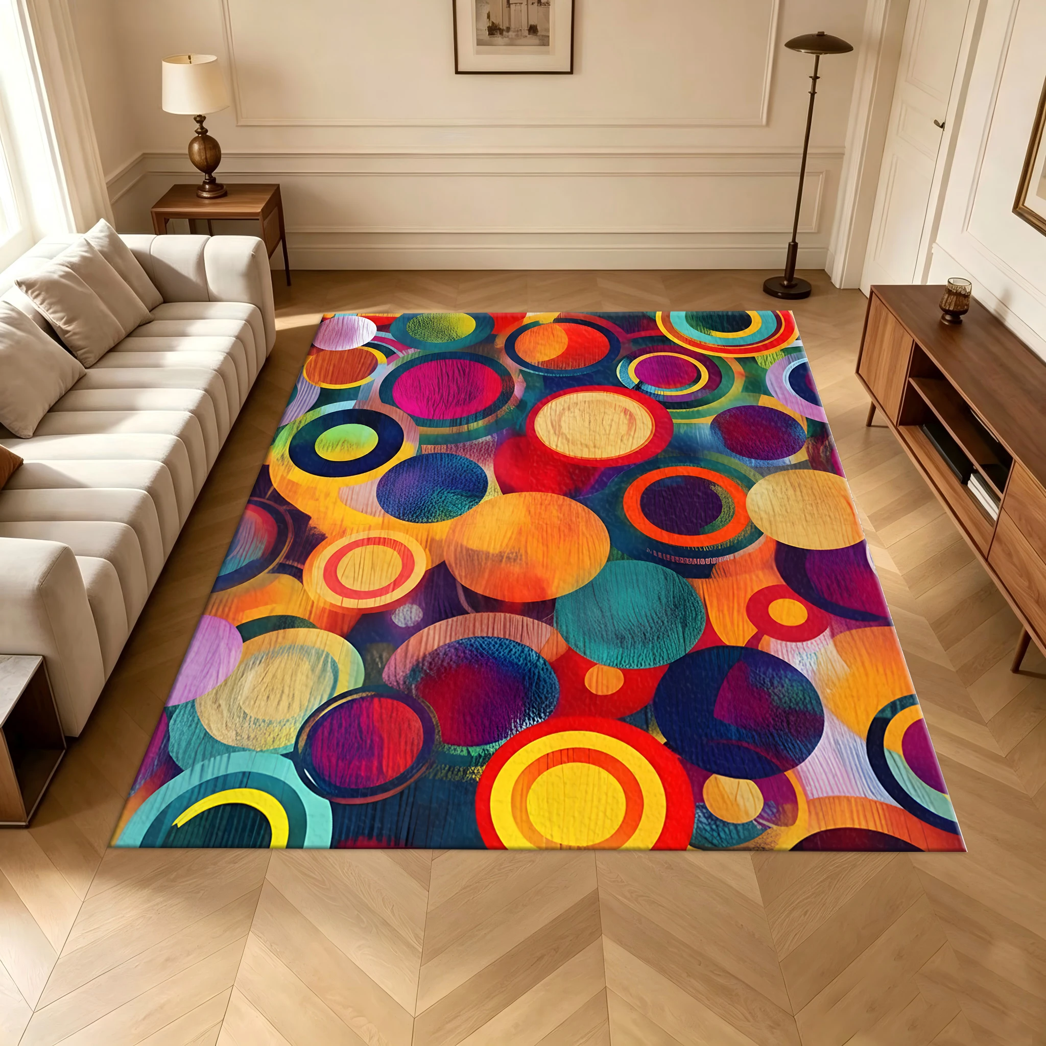 Bright Multi-Colored Concentric Circle Abstract Pattern Carpet, Bright Geometric Pattern Rug, Home Decor Carpet