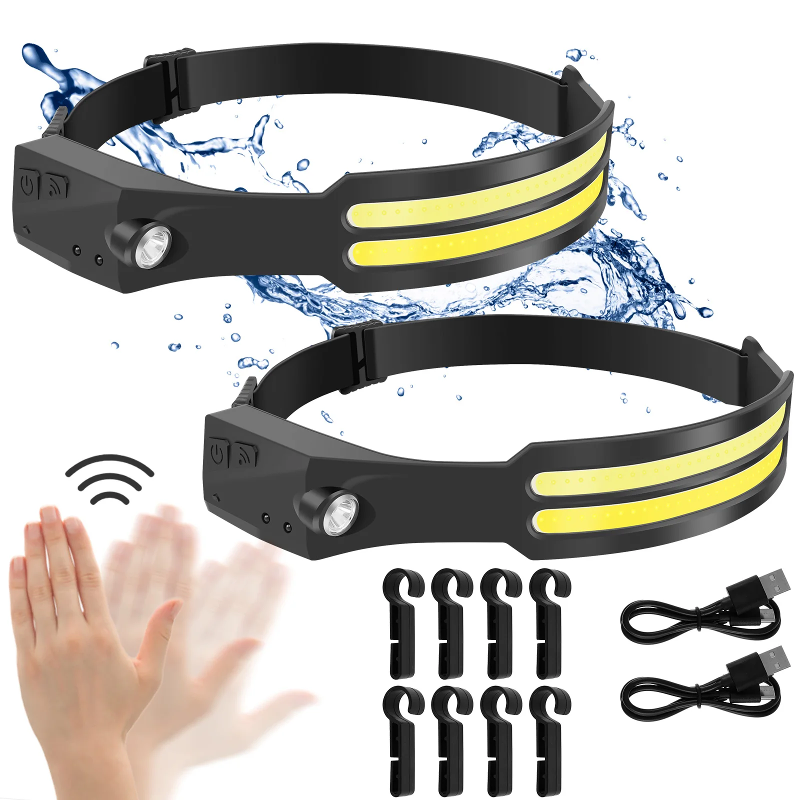 2Pcs Headlamp Flashlight 650LM IPX5 Waterproof LED COB Headlamp Motion Sensor Headlight Lightweight LED Strip Head Light 1200mAh