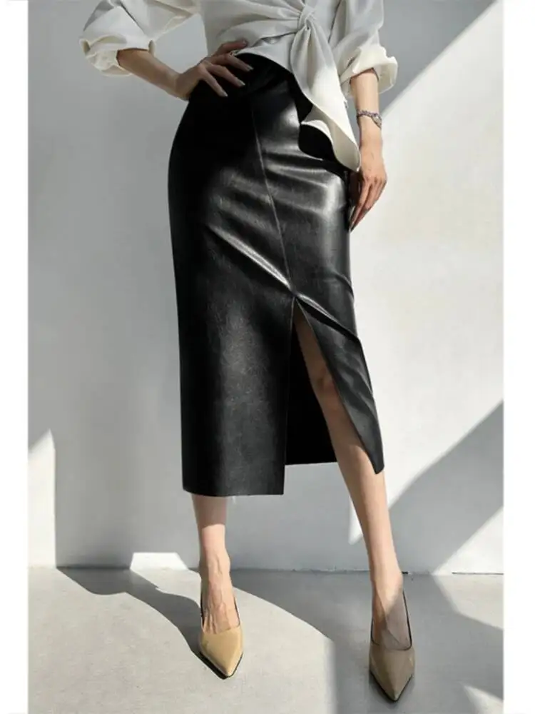 Women Vintage Black Leather Skirt Autumn Winter High Waist Split Mid Length Wrap Skirts