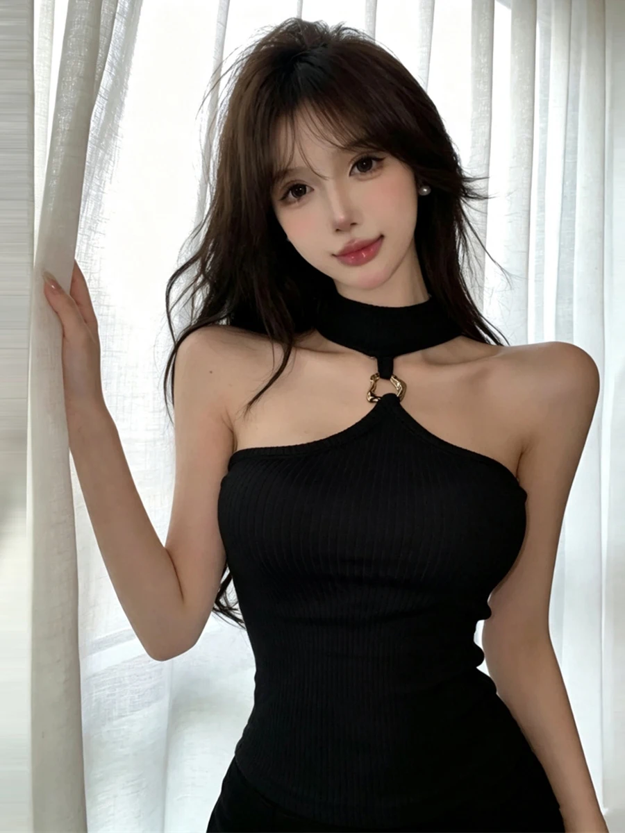 Sexy Sleeveless Neck Hanging Tube Top Tank Top Fashionable Spicy Shoulder Exposure Slimming Versatile High-End Feeling Women'...