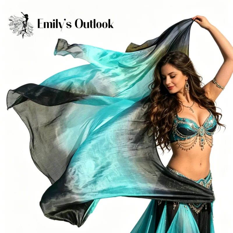 Professional Gradient Silk Dance Veil Black Turquoise Hand Scarf Stage Performance Flowing Dance Shawl Oriental Dance Costume