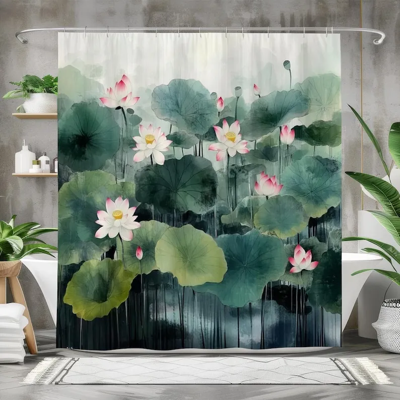 Lotus Flower Shower Curtain, Waterproof Fabric Bath Curtain, Nature-Inspired Bathroom Decor, Tranquil Water Lilies Design