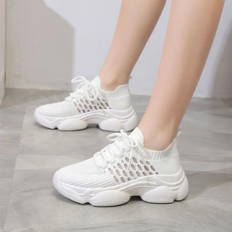 

Fashion Ins Style Women Dad Shoes Mesh Hollow Out Knitted Breathable Sneakers Height Increasing Thick Sole Casual Summer Autumn