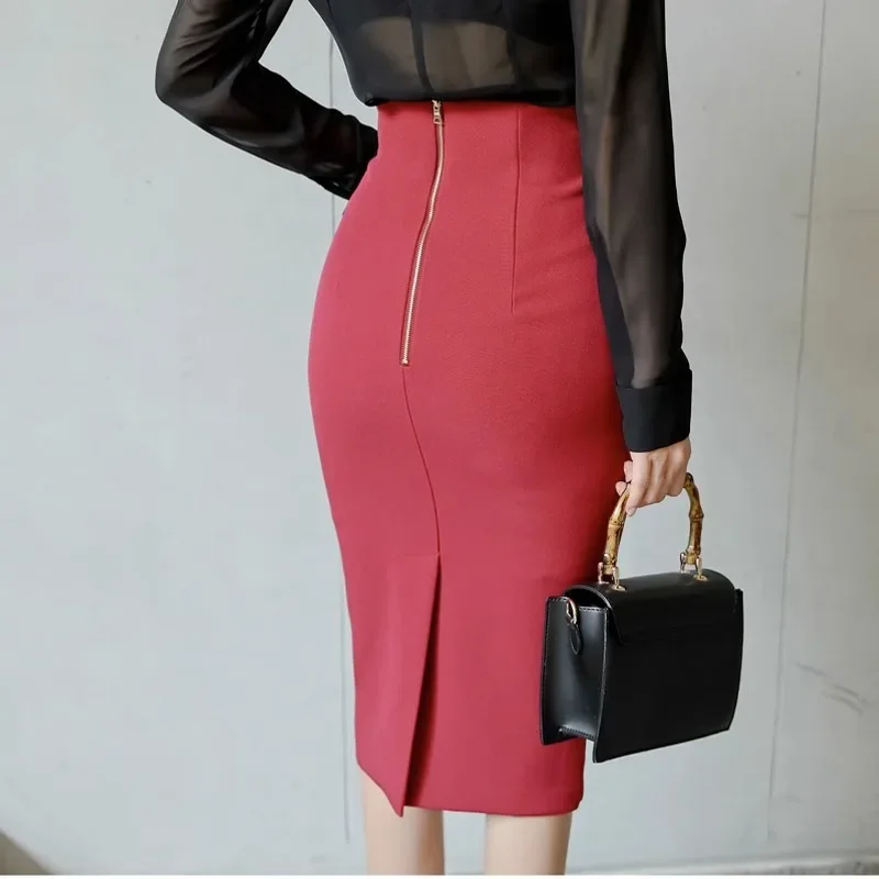 

Red Elegant Split Skirts Women High Waisted Korean Fashion Chic Skirts Female Business Office Ladies Bottoms