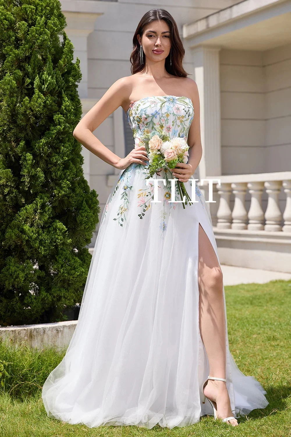 TLIT 2025 فستان سهرة بسيط مطرز بالزهور بفتحة جانبية عالية فساتين حفلات بدون حمالات مخصصة فيستدوس دي فييستا