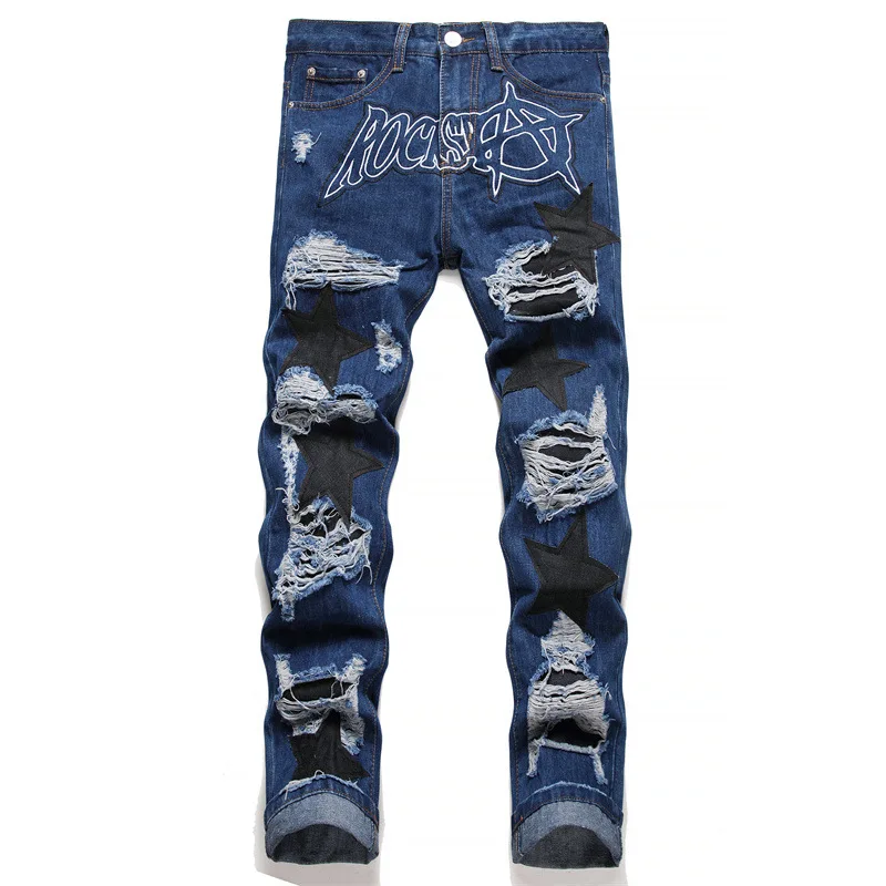 Punk Style Blue Ripped Jeans Letter Embroidery Mid-Waisted Straight Leg Beggar Pants Hip Hop Fashion Applique Clothing