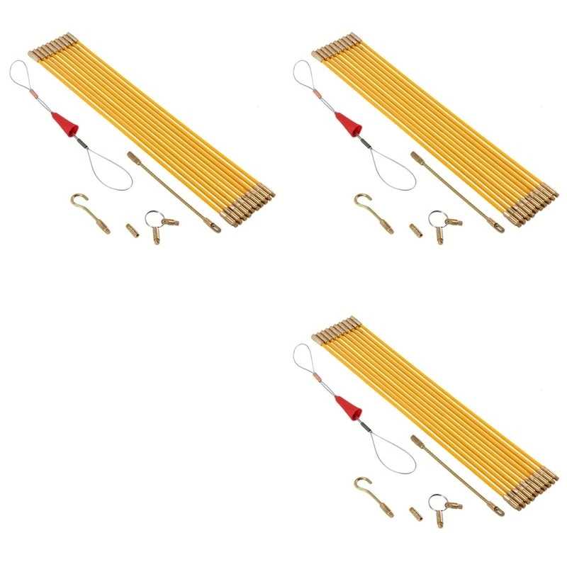 T21C 3 Set Cabling Rods Fish Tape 10.83FT Fiberglass Electrical Cable Threader Running Puller In Case 10Rods X 33Cm