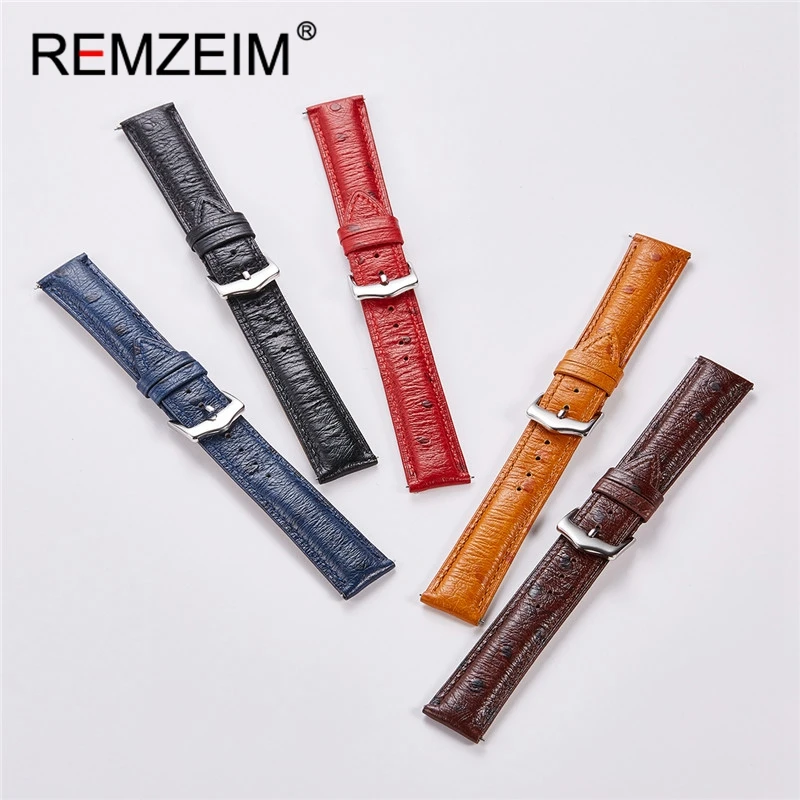 RENZEIM Ostrich Pattern Watchbands Genuine Cowhide Leather Straps 18mm 20mm 22mm Replacement Belts Quick Release Watch Band