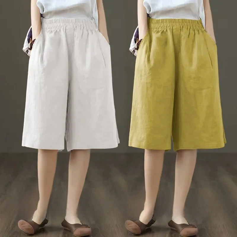 High Waist Cotton Linen Wide Leg Pants Women's Autumn Summer Casual Versatile Straight Cut Short Trousers Single Two Pieces