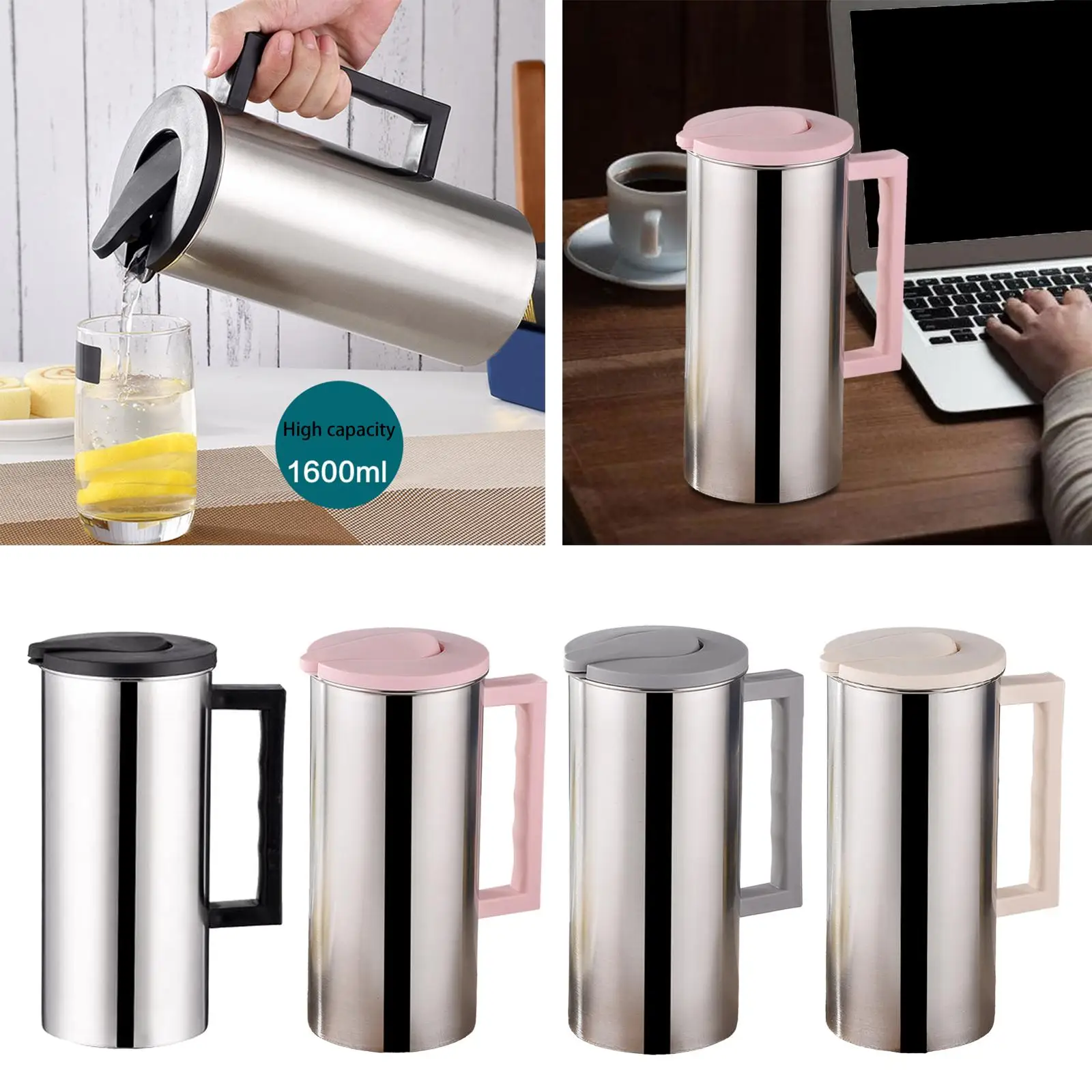 1.6L Stainless Steel Juice Pitcher and Lid with Handle Cold Water Kettle Water Jug Metal Milk Pitcher for Restaurant Hotel Home