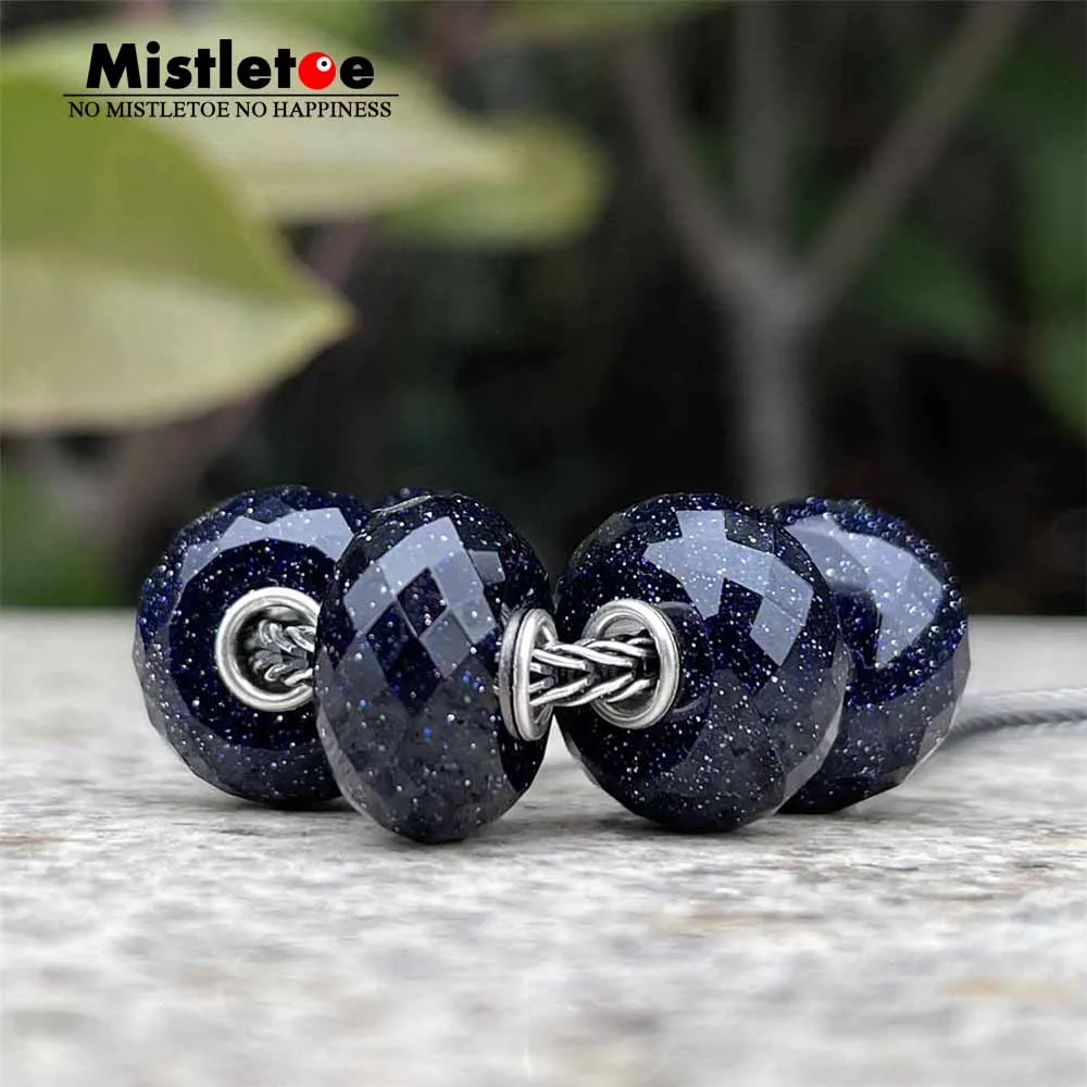 Mistletoe 925 Sterling Silver 3.7mm Core Size Faceted Natural Blue Sandstone Stone Charm Bead Jewelry