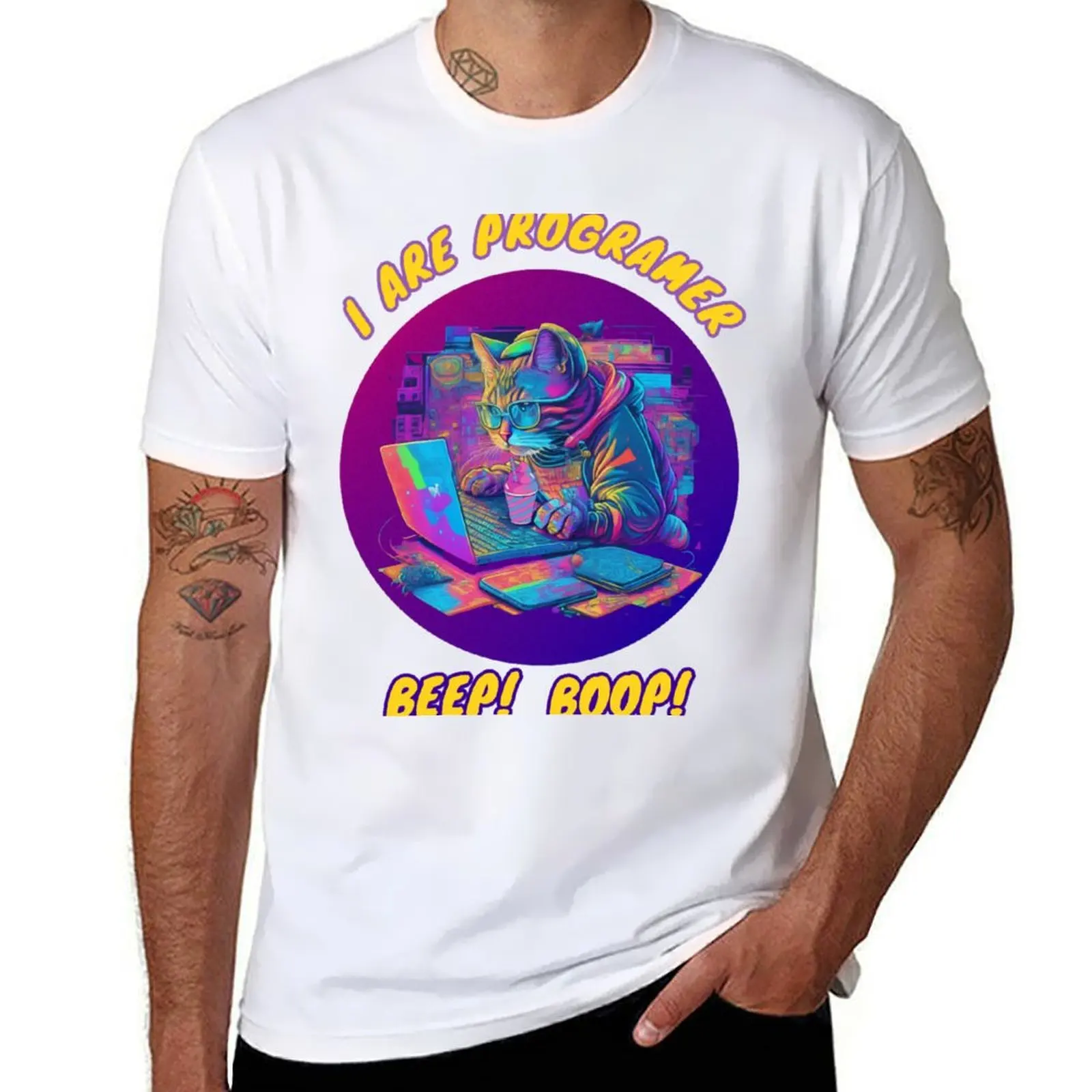 

programmer cat beep boop coding T-Shirt man t shirt heavy cotton t shirts for man cotton T-Shirt
