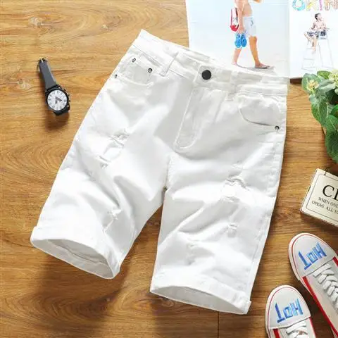 2026 Men's Cargo White Men's Summer Denim Shorts Korean Ripped Washed Medium Pants Trendy Thin Denim Casual Short Pants