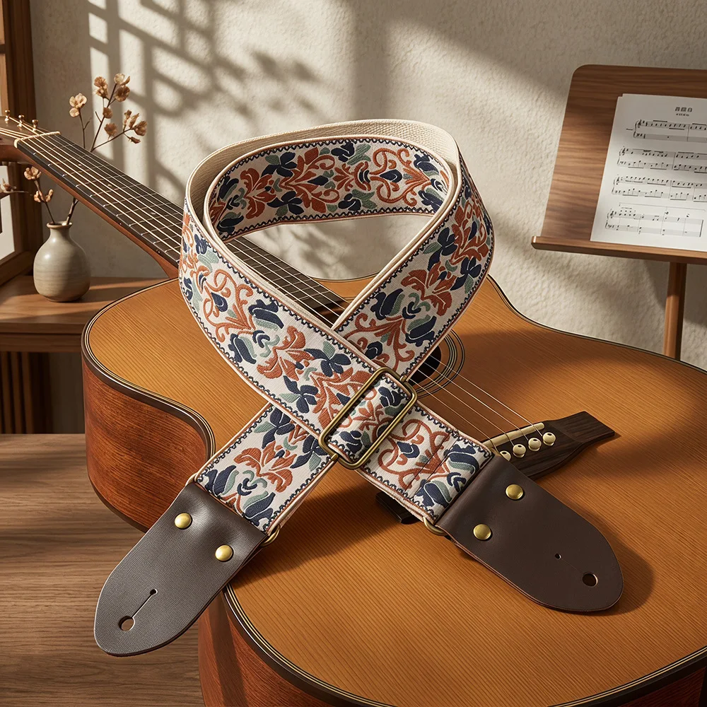 Adjustable Guitar Straps Embroidered Print Guitar Strap Thicken Guitar Strap For Folk Electric Guitar Bass Ukulele Guitar Straps