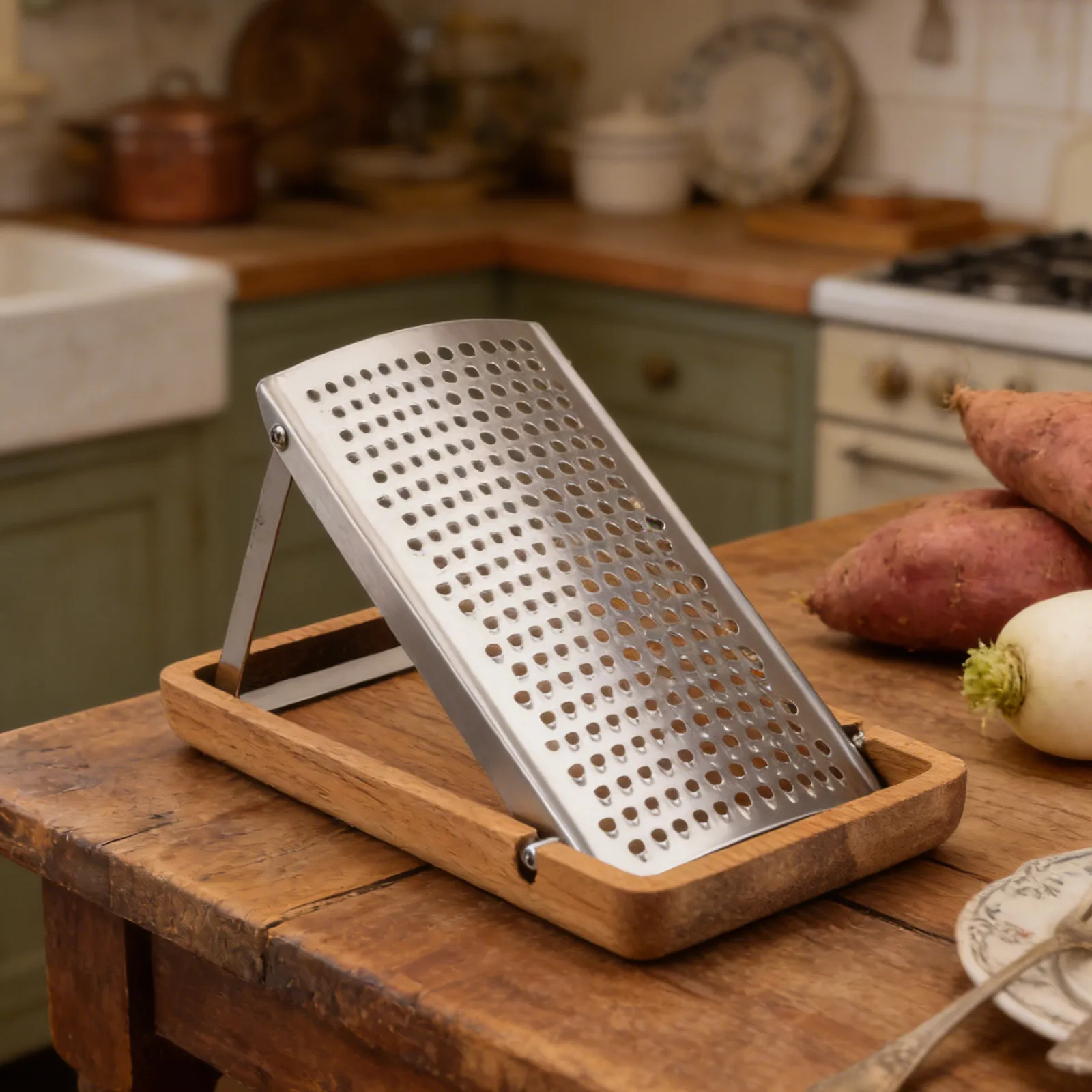 Stainless Steel Cheese Grater Box with Wooden Container Multipurpose Kitchen Tool for Citrus Zesting Vegetable Shredding Food