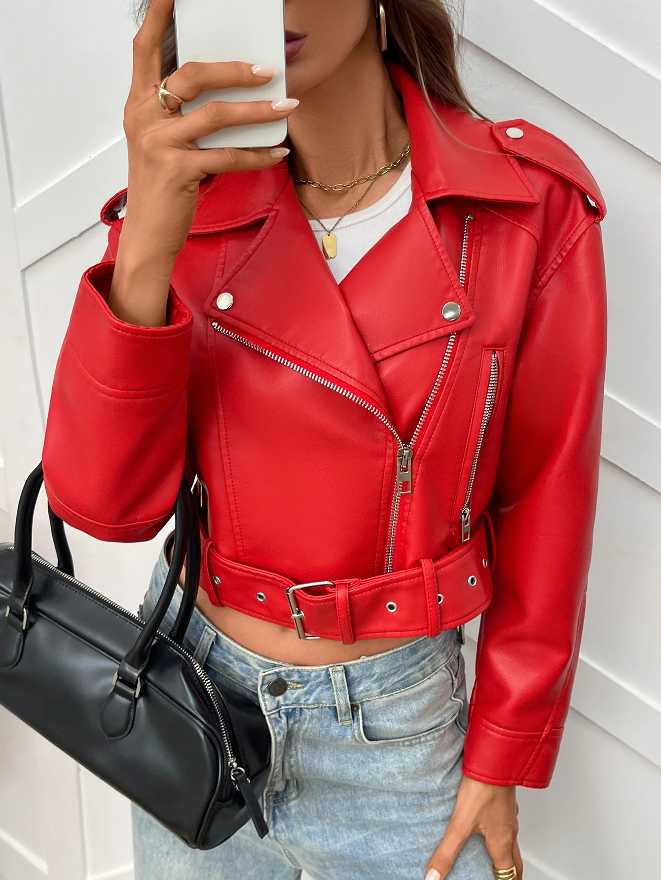 سترة Fitaylor النسائية المصنوعة من الجلد الصناعي مع طية صدر السترة للدراجات النارية من الجلد معطف أحمر كاجوال #5