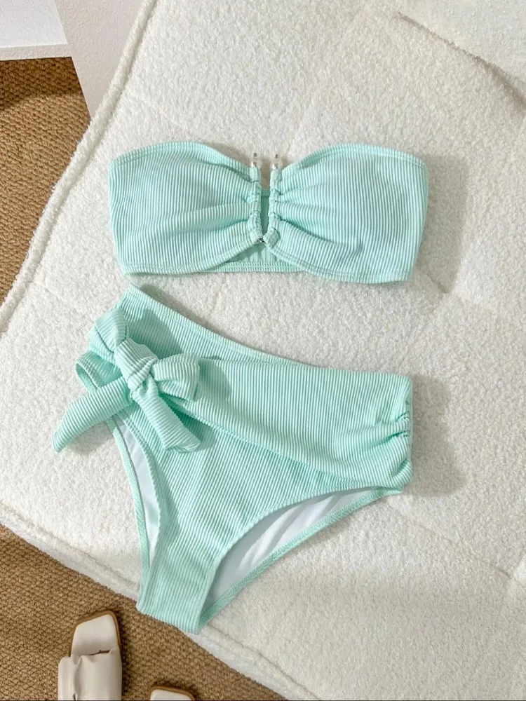 2025 Nowy Damski Seksowny Pomarańczowy Bandeau Metalowy U Drut Push Up Pas Wysoki Stan Bikini Dwuczęściowy Strój Kąpielowy Plaża Wakacje stroje plażowe