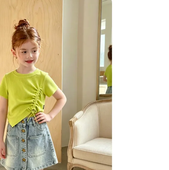 2026  Solid Color Pants Set for Summer Refreshing Collar Two Piece Set for Daily Outing  girl clothes