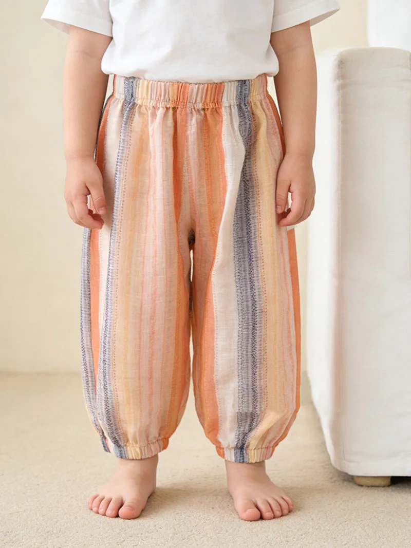 1-5T Kids Summer Casual Pants Ventilate Comfortable Children Trousers Color Blocked Stripes Girls Wide-leg Pants