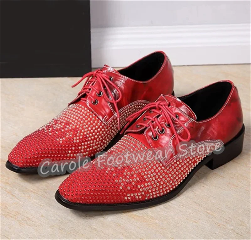 

Luxury Rhinestone Decor Mixed Color Lace-Up Oxfords Male Square Toe Chunky Heel Shallow Loafers Business Formals Dress Shoes