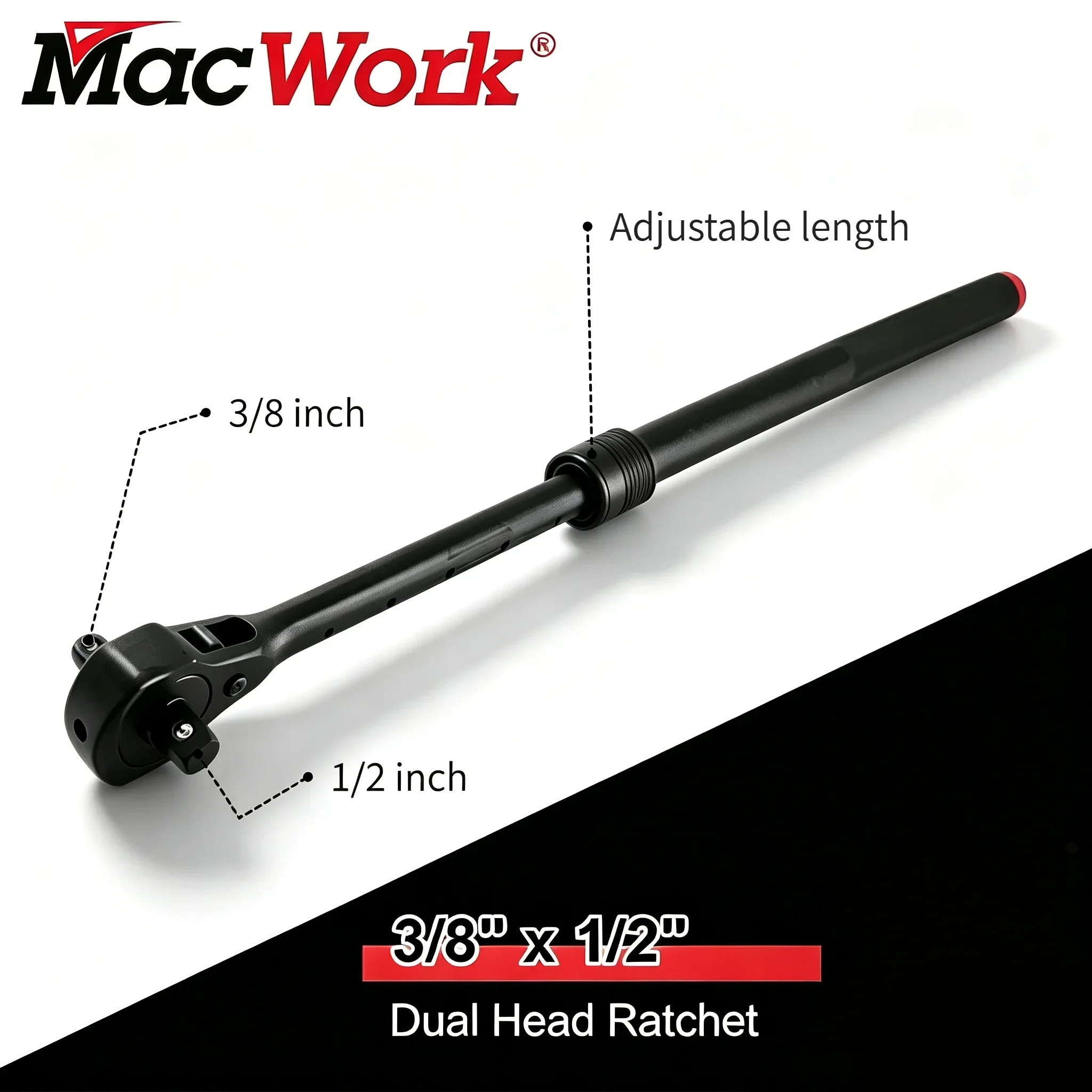 MacWork 1/2in. and 3/8in. Drive Dual Head Ratchet Handle with Hammer Function Telescopic Extendable Ratchet Handle