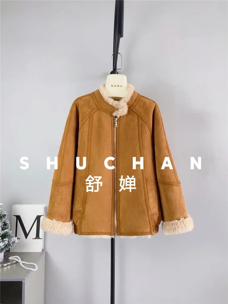 100% ウールコート女性新しいウォームカシミアスタンドアップカラージッパー機関車ジャケットカシミアマットレザージャケット