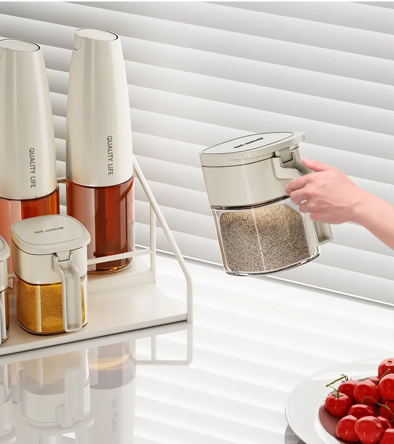 Glass Oil Bottle & Spice Jar Set, Premium Kitchen Dispenser Bottles for Soy Sauce, Vinegar, Salt, with Organizer Rack