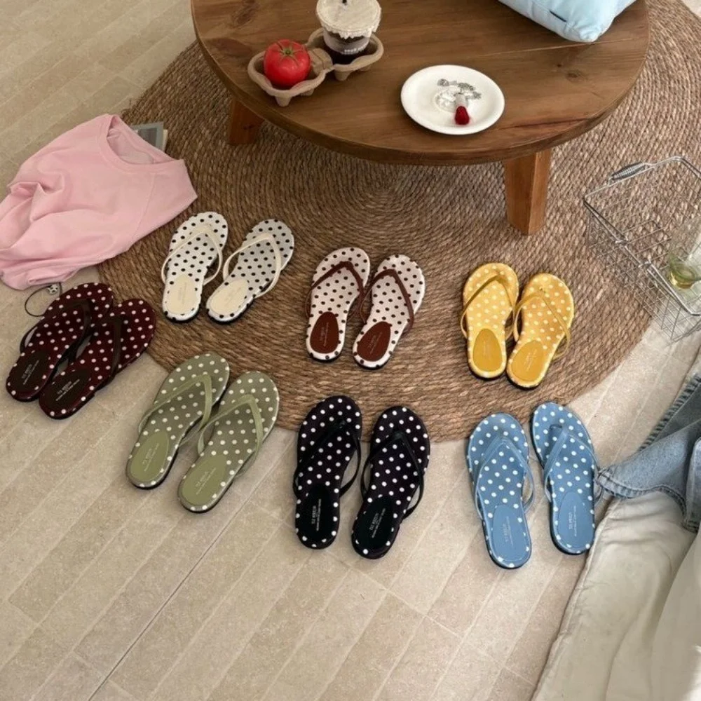 Polka Dot Flip Flops Satin Soft Flat Sandals Ladies Summer Beach Vacation Clip Toe Slippers Outdoor Daily Shoes Multiple Colors
