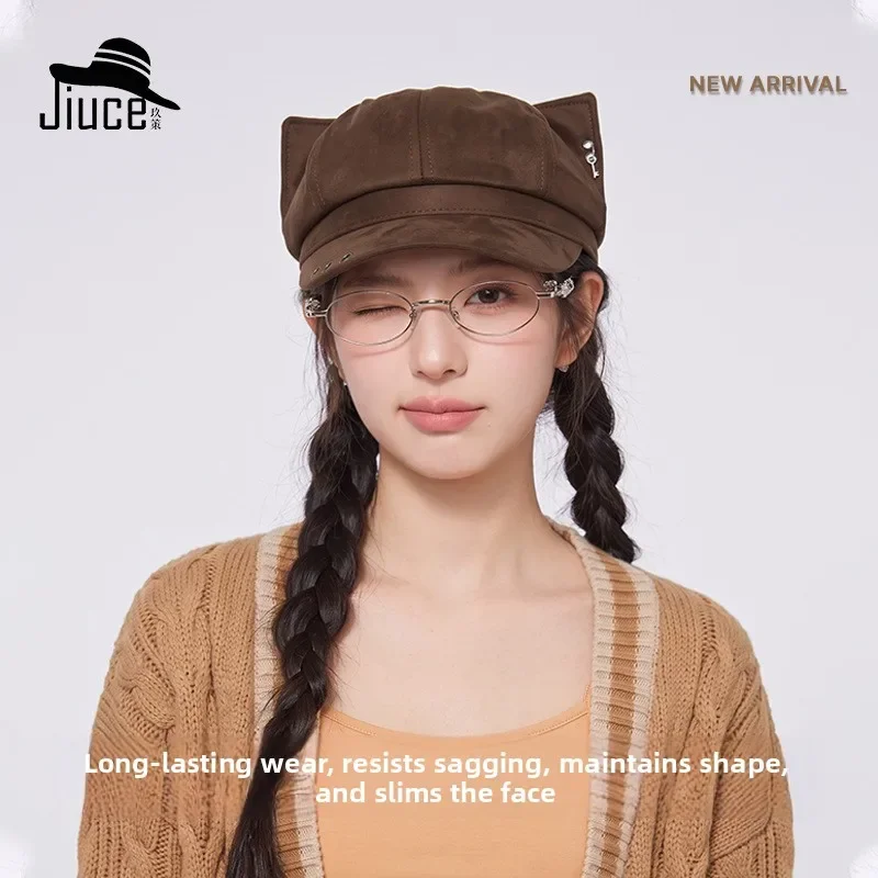 Women's Spring Autumn High-End Cool Cat Ear Octagonal Beret Cute Cartoon Newsboy Cap