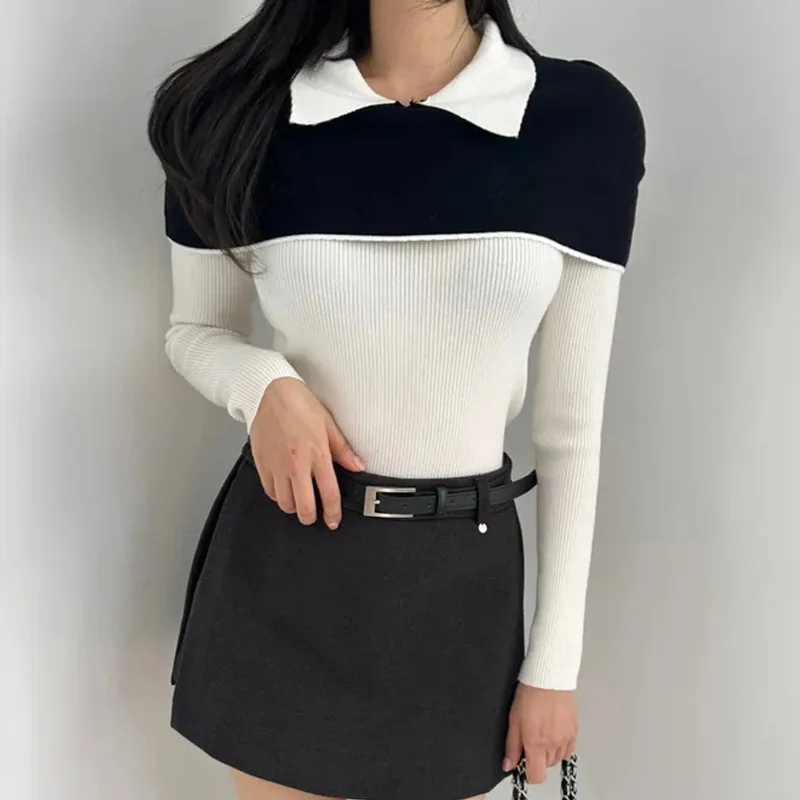 

Новинка ранней весны: Женский вязаный свитер с эффектом двухслойности, цветными блоками, приталенный, в корейском стиле, для ношения под одеждой, из смесового хлопка