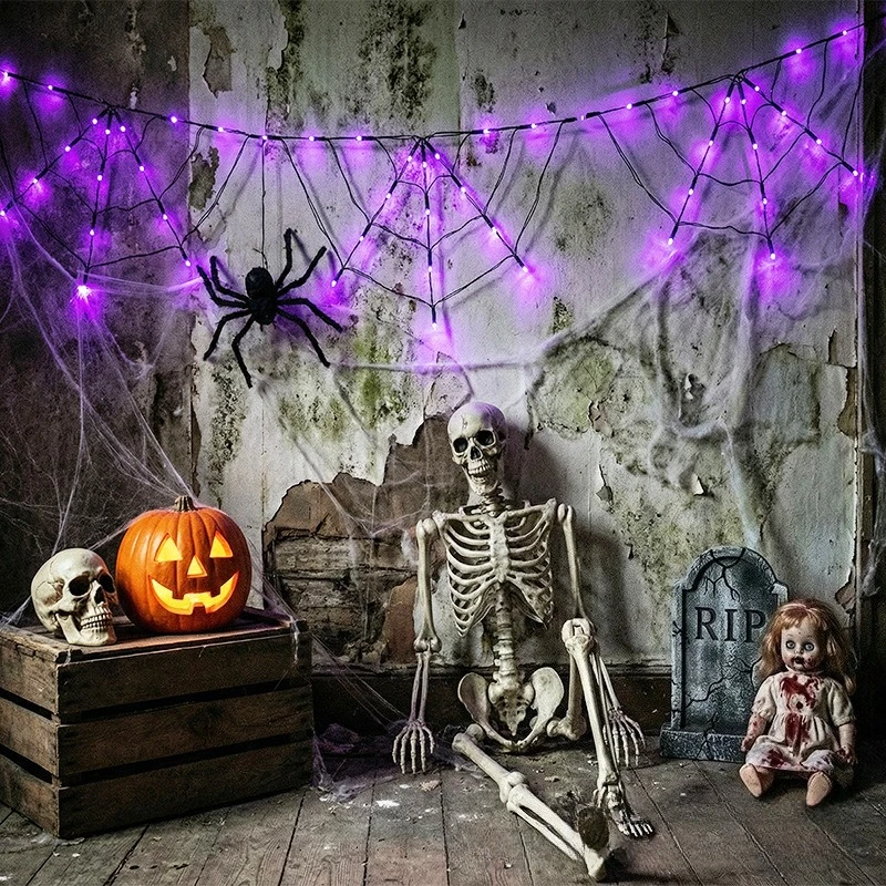 Spooky Halloween Spider Web LED String Lights Colorful Glowing Atmosphere Lamp for Outdoor Party Garden Yard Home Decoration Use
