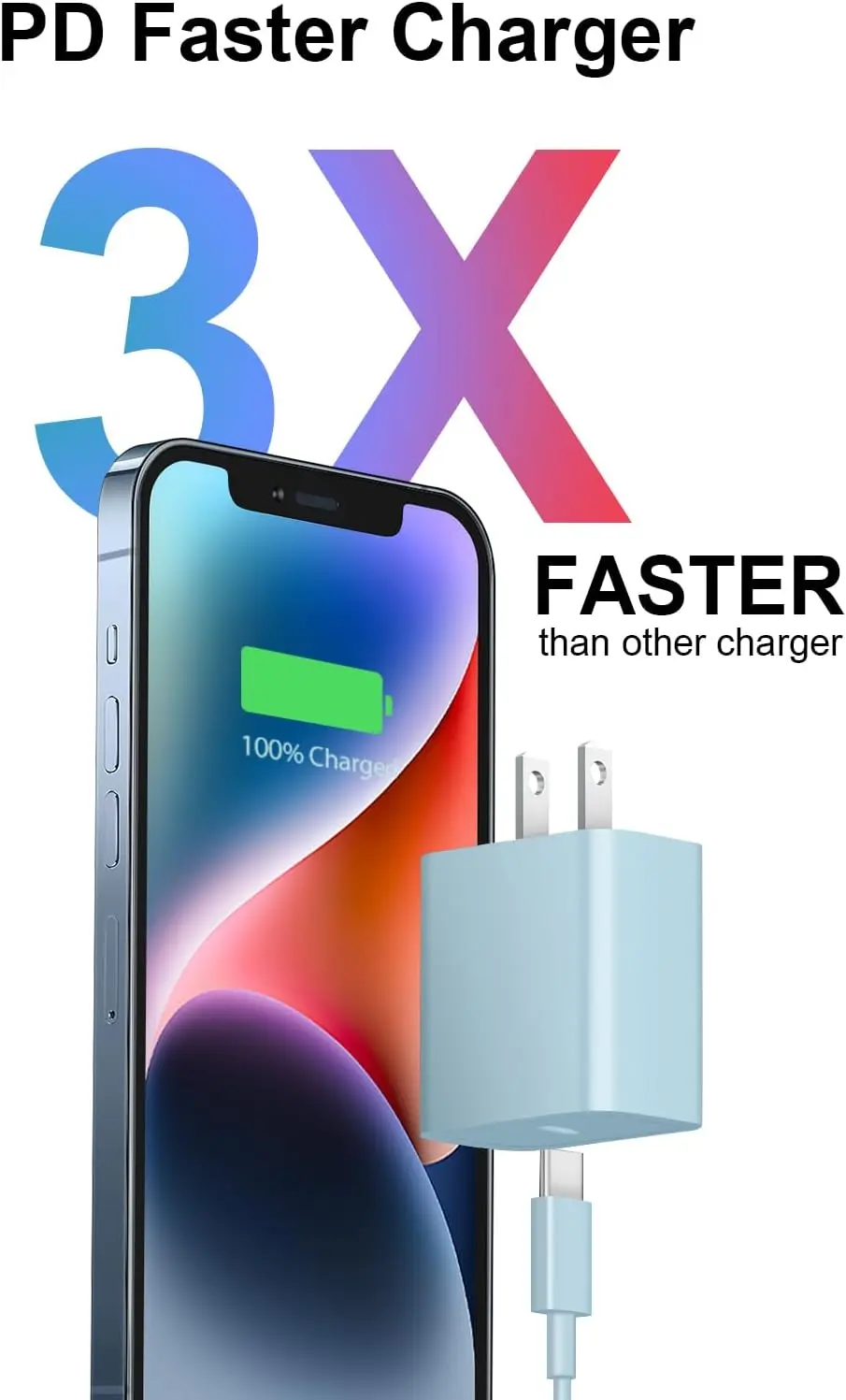 Fast Charger 20W PD USB C Wall Charger with 6FT Fast Charging Cable for iPhone 11 12 13 14 Pro Max for iPad Pro - Blue