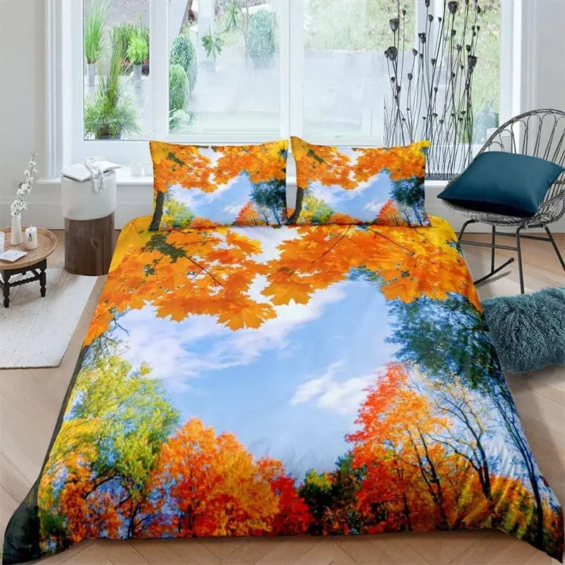 

Maple Leaves Polyester Duvet Cover Set Fall Theme Comforter Cover With Pillowcase King Queen Size For Kids Boys Girl Bedding Set