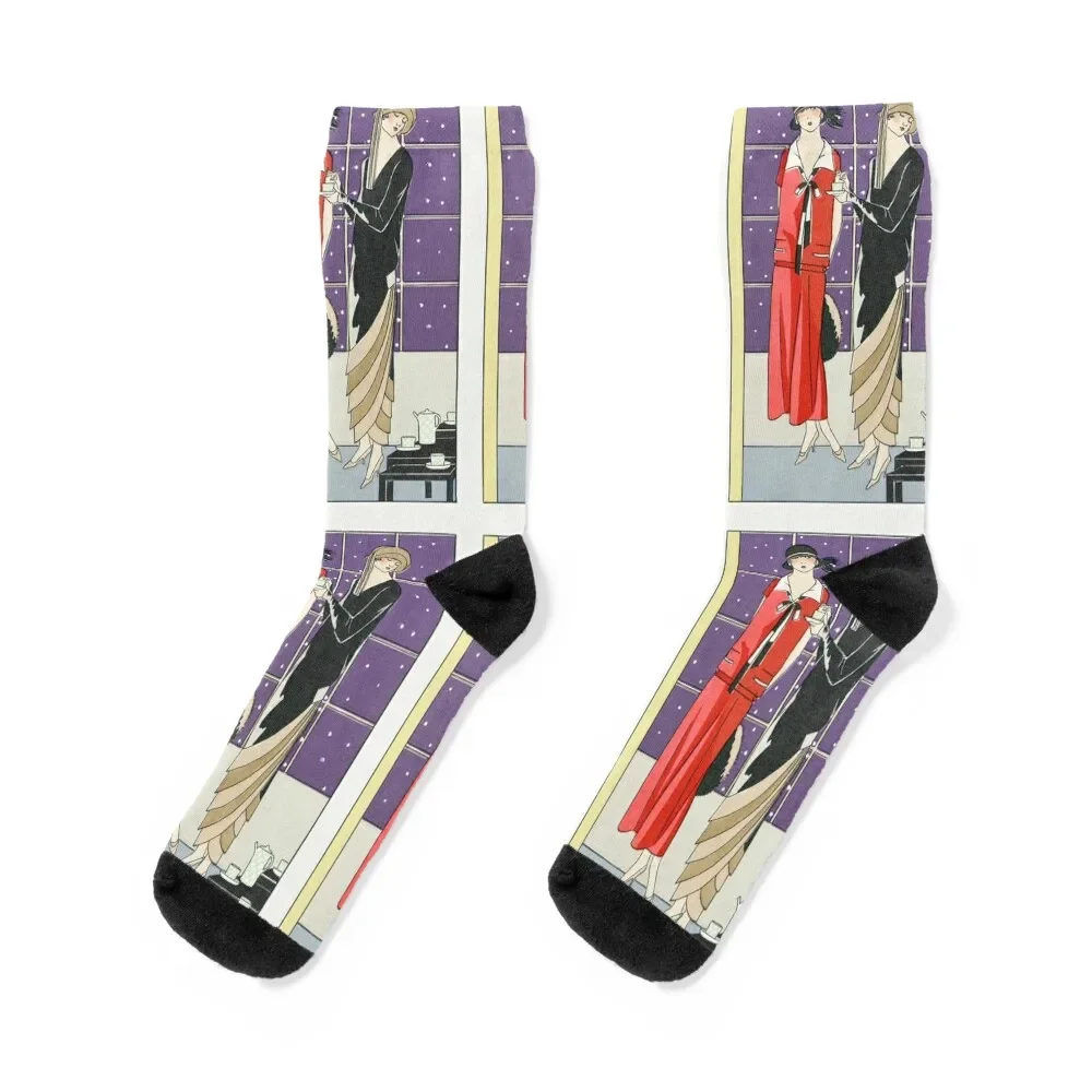 Art Deco Two women in creations with a tea table (1924) by Jean Patou and Gustav Beer Socks set Rugby hip hop Male Socks Women's