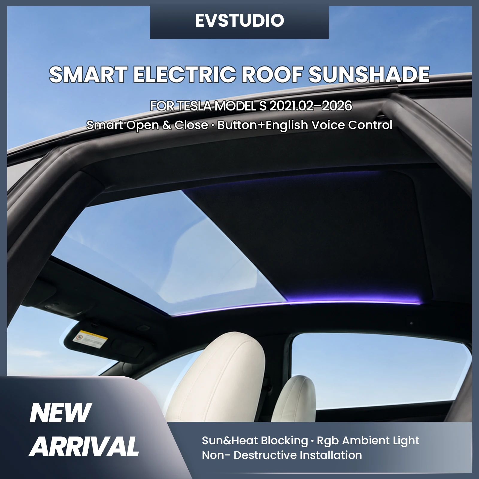 Electric Sunshade for Tesla Model S 2021-2026 Panoramic Roof UV Protection Heat Insulation Automatic Roof Shade with RGB Light