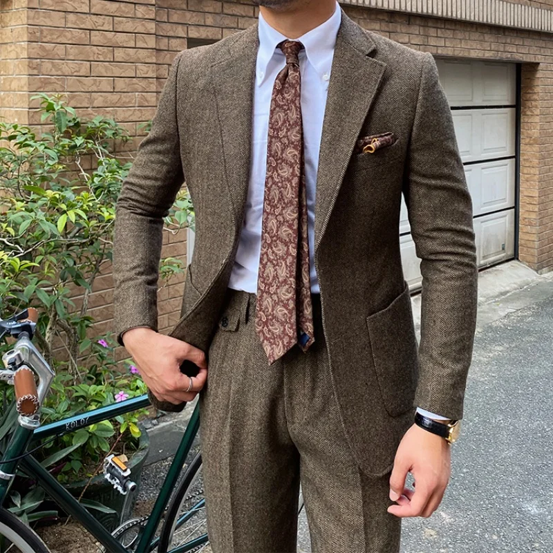 2025 New Retro Herringbone Men's Single-breasted 2-piece Suit Thick style for autumn and winter Formal Elegant Banquet Suit Hot