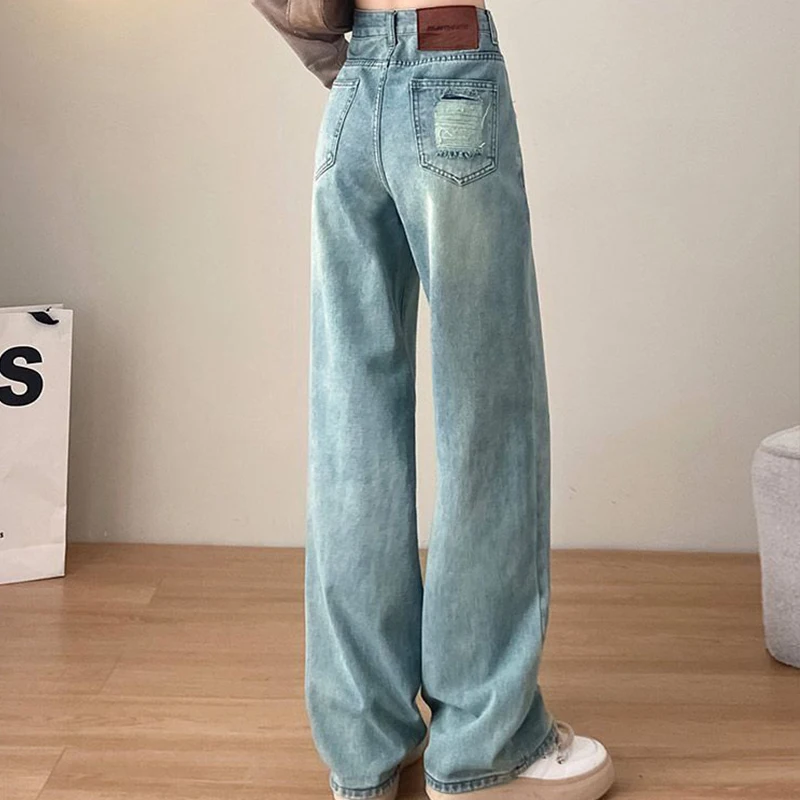 2024 Spring New Jeans for Women Wide Leg Pants with Holes and High Waisted Jeans Loose Straight Leg Pants