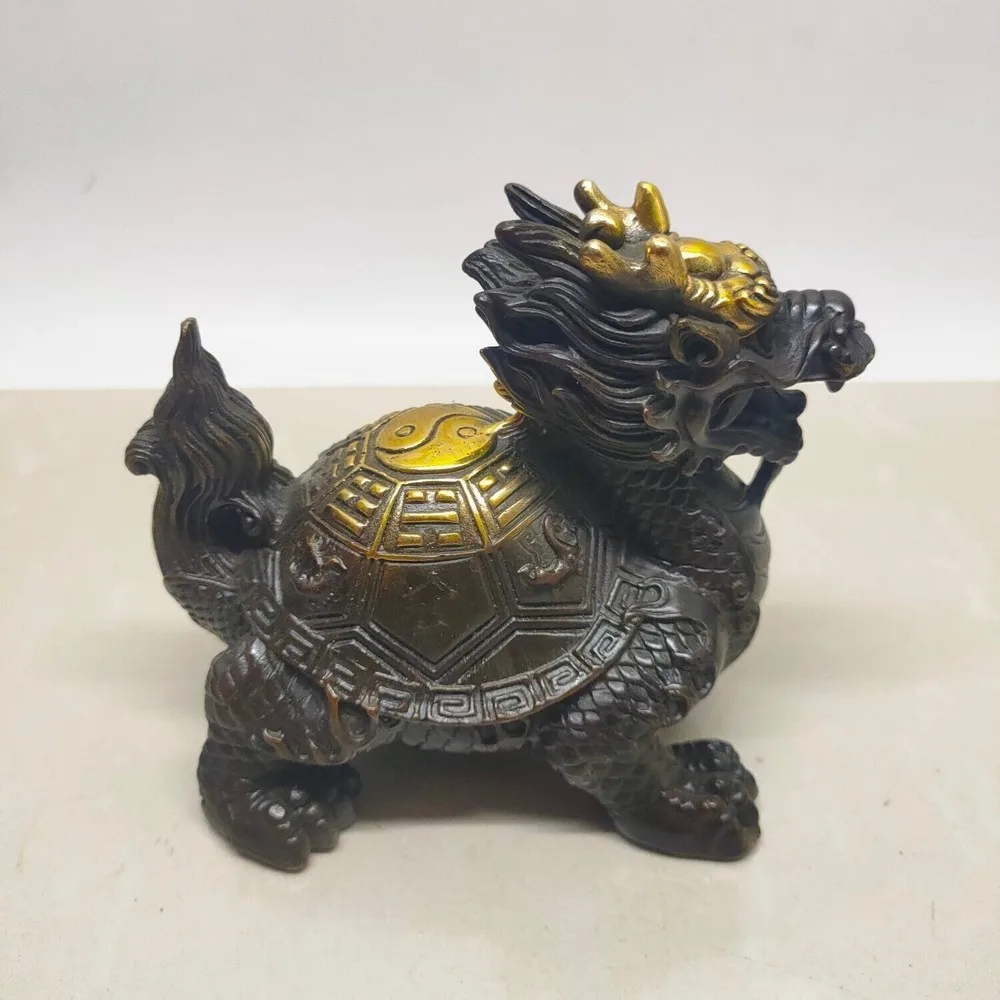 

Vintage Chinese Bronze Gold Plated Dragon Turtle BaGua Statue Amulet - Brass animal sculpture