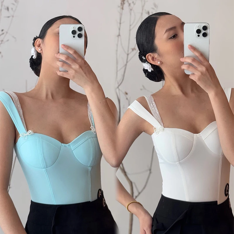 Lace Strap Latin Dance Tops Women Summer Suspender Bodysuit Rumba Salsa Ballroom Dance Clothes Training Practice Clothes BL16033