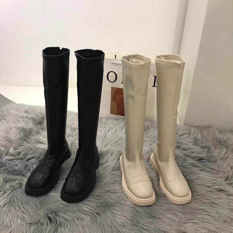 Women Platform Boots 2023 Winter Gothic Shoes Long Boots Women Fashion Black Beige Mid Calf Boots Round Toe Slip on Riding Boots