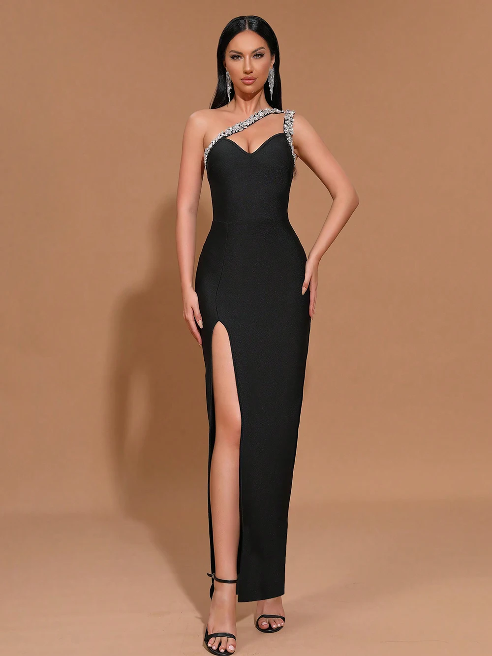 Modphy High Quality Sexy One Shoulder Shinning Diamond Bodycon Bandage Long Dress Women Fashion Celebrate Evening Party Vestido