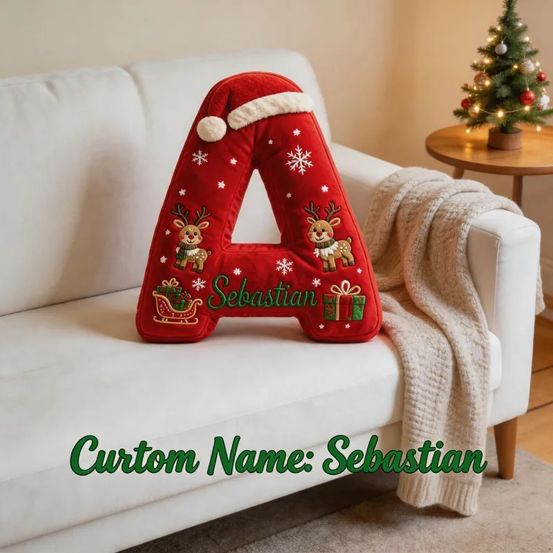 Custom Photo Letter Shaped Pillow, Personalized Name Initial Decorative Cushion with Festive Holiday Design, Unique Home Accent