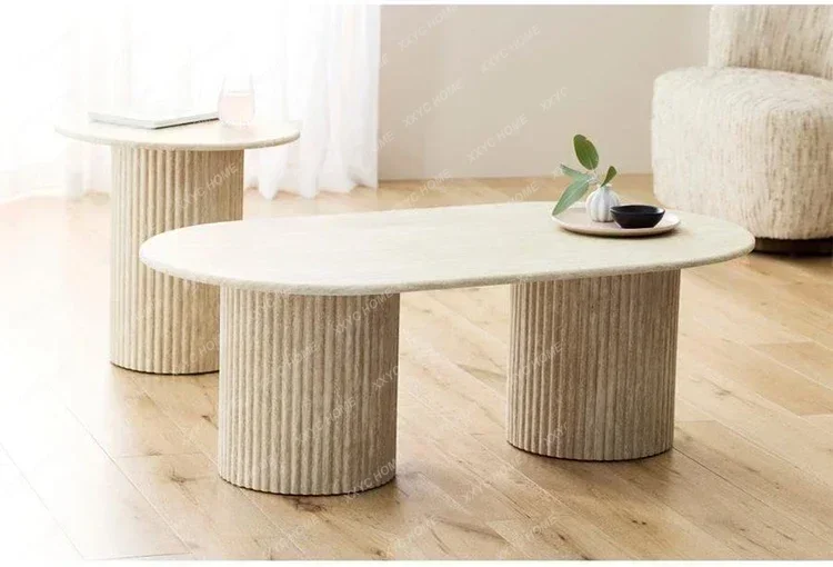 A  Imported beige travertine edge small apartment living room sofa creative coffee table, wabi sandy wind45675556