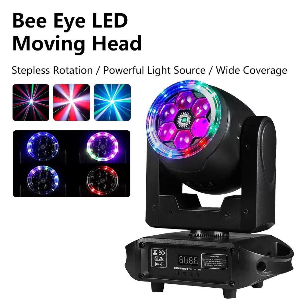 7x15W RGBW Moving Head Light With Bee's Eye 360° Rotation Halo Strip DMX512 Voice Control for Wedding Party And Ball