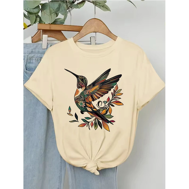 نابضة بالحياة الطائر الطنان طباعة قصيرة الأكمام تي شيرت المرأة الملونة الأزهار تصميم السببية تي شيرت الملابس الجرافيك خمر تيز القمم #6