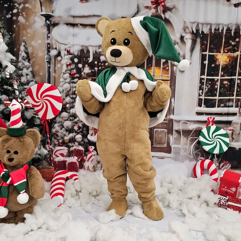 Christmas Brown Teddy Bear Mascot Costume with Santa Cloak Elf Style Walking Doll Clothes Birthday Wedding Fancy Party Outfits